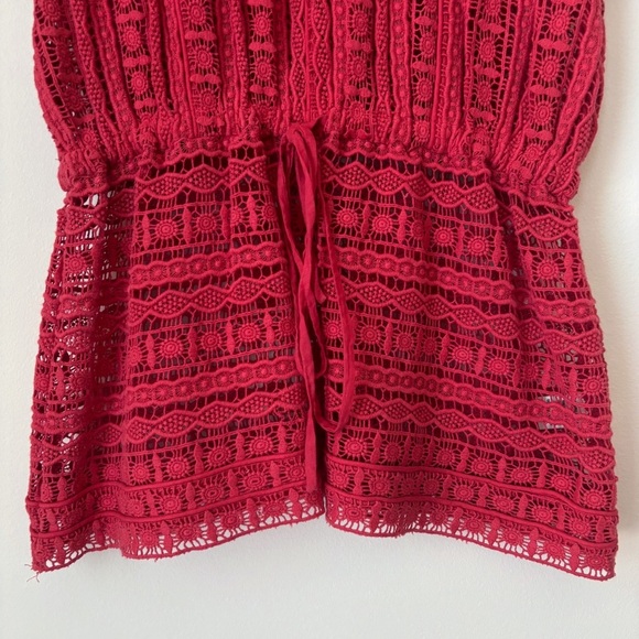 Carolina K Berenice Eyelet Lace Blouse Medium High Neck Drawstring Top Fuchsia - Picture 4 of 11